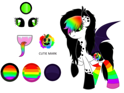 Size: 3408x2560 | Tagged: safe, artist:space--paws0w0, oc, oc only, oc:hallows eve, bat pony, pony, vampire, bat pony oc, clothes, colored sclera, colored tongue, ear piercing, earring, fangs, female, high res, jewelry, mare, piercing, rainbow socks, rainbow tongue, reference sheet, simple background, socks, solo, striped socks, transparent background