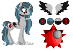 Size: 732x512 | Tagged: safe, artist:space--paws0w0, oc, oc only, oc:blue eclipse, pegasus, pony, choker, colored wings, ear piercing, earring, face tattoo, female, jewelry, mare, piercing, reference sheet, simple background, snake bites, solo, tattoo, transparent background, two toned wings