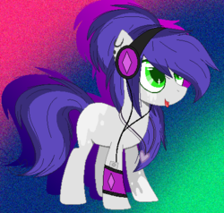 Size: 435x414 | Tagged: safe, artist:space--paws0w0, oc, oc only, oc:roadwork track, earth pony, pony, armband, coat markings, ear piercing, earring, female, gradient background, headphones, ipod, jewelry, mare, necklace, piercing, socks (coat markings), solo, tongue out