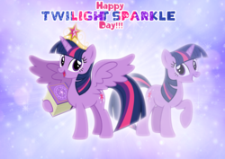 Size: 3457x2452 | Tagged: safe, artist:andoanimalia, twilight sparkle, alicorn, pony, unicorn, g4, big crown thingy, element of magic, female, high res, mare, open mouth, raised hoof, regalia, self paradox, solo, spread wings, twilight day, twilight sparkle (alicorn), twilight sparkle day, unicorn twilight, wallpaper, wings