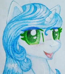 Size: 1428x1631 | Tagged: safe, artist:gleamydreams, derpibooru exclusive, oc, oc only, oc:gleamy, pony, unicorn, blue hair, blushing, cute, freckles, green eyes, looking at you, smiling, solo, traditional art