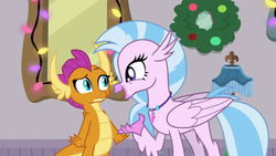 Size: 1280x720 | Tagged: safe, screencap, silverstream, smolder, classical hippogriff, dragon, hippogriff, g4, the hearth's warming club, cute, diastreamies, dragoness, female, raised eyebrow