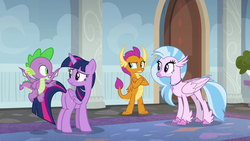 Size: 1280x720 | Tagged: safe, screencap, silverstream, smolder, spike, twilight sparkle, alicorn, classical hippogriff, dragon, hippogriff, pony, g4, the hearth's warming club, butt, crossed arms, dragoness, female, group, jewelry, male, mare, necklace, plot, quartet, twilight sparkle (alicorn), winged spike, wings