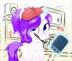 Size: 2000x1700 | Tagged: safe, artist:rivin177, mare do well, oc, oc only, oc:rivin, pony, adorable face, beret, blue eyes, cute, digital art, female, glowing horn, hat, horn, love, magic, mare, pencil, pencil drawing, purple hair, solo, tablet, traditional art