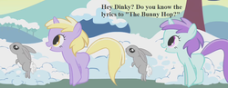 Size: 1152x448 | Tagged: safe, edit, edited screencap, editor:korora, screencap, dinky hooves, liza doolots, petunia, tootsie flute, pony, rabbit, g4, winter wrap up, background pony, cropped, cute, dinkabetes, female, filly, foal, hopping, pronking, ray anthony, snow, song reference, text, tootsie cute, winter wrap up song