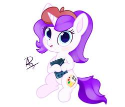 Size: 2000x1700 | Tagged: safe, artist:rivin177, oc, oc only, oc:rivin, pony, unicorn, beret, big eyes, blue eyes, brush, chibi, cute, digital art, female, hat, horn, mare, pencil, pencil drawing, purple mane, sitting, small mare, small pony, solo, tablet, traditional art