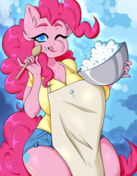 Size: 3850x4900 | Tagged: safe, artist:nemsleep, pinkie pie, anthro, absurd resolution, apron, breasts, busty pinkie pie, clothes, colored pupils, cute, cutie mark, diapinkes, female, food, licking, licking lips, looking at you, messy eating, one eye closed, shirt, shorts, solo, tongue out, wide hips, wink