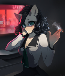 Size: 1097x1280 | Tagged: safe, artist:glorious-rarien, oc, oc only, earth pony, anthro, anthro oc, blouse, cigarette, clothes, female, mare, noir, short hair, smoking, solo