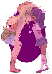 Size: 905x1280 | Tagged: safe, artist:drawbauchery, applejack, twilight sparkle, human, g4, blushing, boots, clothes, cowboy hat, dark skin, eyes closed, female, freckles, hat, heart, height difference, humanized, kiss on the lips, kissing, lesbian, misinterpretation in the comments, not lolicon, ship:twijack, shipping, shoes, shortstack, simple background, size difference, skirt, stetson