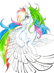 Size: 1209x1630 | Tagged: safe, artist:ponettedefeu, rainbow dash, pegasus, pony, g4, female, looking sideways, mare, signature, simple background, solo, spread wings, traditional art, white background, wings