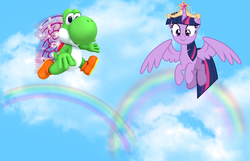 Size: 2312x1492 | Tagged: safe, artist:decprincess, artist:mlp-scribbles, artist:user15432, twilight sparkle, alicorn, dinosaur, pony, yoshi, g4, big crown thingy, blue sky, cloud, crossover, crown, element of magic, fairy wings, flying, hasbro, hasbro studios, jewelry, nintendo, rainbow, rainbows, regalia, sky, super mario bros., super smash bros., twilight sparkle (alicorn), wings, yoshilight