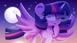 Size: 3712x2100 | Tagged: safe, artist:bubbly-storm, twilight sparkle, alicorn, pony, g4, female, flying, high res, mare, moon, night, smiling, solo, twilight sparkle (alicorn)