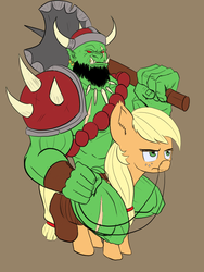 Size: 900x1200 | Tagged: dead source, safe, artist:alloco, applejack, earth pony, orc, pony, g4, atg 2018, axe, female, mare, newbie artist training grounds, riding, simple background, unamused, weapon