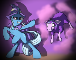 Size: 2000x1600 | Tagged: safe, artist:ohemo, starlight glimmer, trixie, pony, sheep, unicorn, g4, atg 2018, cape, clothes, female, hat, mare, newbie artist training grounds, pony to sheep, sheepified, species swap, transformation, trixie's cape, trixie's hat
