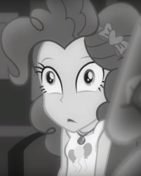 Size: 513x637 | Tagged: safe, screencap, pinkie pie, equestria girls, equestria girls series, g4, rarity investigates: the case of the bedazzled boot, cropped, faic, female, geode of sugar bombs, grayscale, monochrome, noir, offscreen character, rarity investigates (eqg): pinkie pie, solo