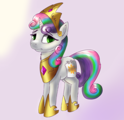 Size: 1281x1235 | Tagged: safe, artist:kelkessel, princess celestia, sweetie belle, pony, unicorn, g4, clothes, cosplay, costume, fake cutie mark, female, hoof shoes, horn, jewelry, looking back, mare, solo