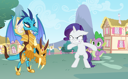 Size: 1260x780 | Tagged: safe, princess ember, rarity, spike, dragon, pony, unicorn, g4, armor, dragon lord ember, implied shipping, implied sparity, implied straight, overprotective, ponyville, possessive