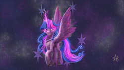 Size: 1024x576 | Tagged: safe, artist:lmkyouki, twilight sparkle, alicorn, pony, unicorn, g4, fanfic art, female, goddess, smiling, smirk, solo, spread wings, stars, twilight sparkle (alicorn), wings