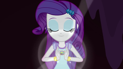Size: 1280x720 | Tagged: safe, screencap, rarity, equestria girls, g4, my little pony equestria girls: legend of everfree, bracelet, camp everfree, camp everfree logo, camp everfree outfits, eyes closed, eyeshadow, female, geode of shielding, jewelry, makeup, meditating, pretty, smiling, solo