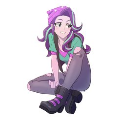 Size: 2550x2550 | Tagged: safe, artist:rustyartist, starlight glimmer, equestria girls, equestria girls specials, g4, my little pony equestria girls: mirror magic, beanie, boots, clothes, cute, female, glimmerbetes, high res, jeans, pants, ripped pants, shirt, shoes, simple background, sitting, smiling, solo, teenager, vest, white background