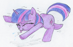 Size: 681x440 | Tagged: safe, artist:t72b, derpibooru exclusive, twilight sparkle, pony, g4, adorkable, cute, dancing, do the sparkle, dork, eyes closed, female, raspberry, raspberry noise, silly, silly pony, solo, tongue out, traditional art