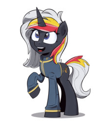 Size: 1950x2400 | Tagged: safe, artist:iiapiiiubbiu, oc, oc only, oc:velvet remedy, pony, unicorn, fallout equestria, clothes, fanfic, fanfic art, female, happy, hooves, horn, jumpsuit, looking at you, mare, open mouth, simple background, solo, stable dweller, teeth, transparent background, vault suit