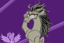 Size: 3000x2000 | Tagged: safe, artist:turkleson, discord, twilight sparkle, alicorn, pony, g4, abstract background, eris, female, glasses, half r63 shipping, high res, lesbian, rule 63, ship:discolight, ship:twieris, shipping, sketch, twilight sparkle (alicorn)