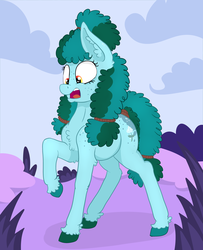 Size: 3384x4171 | Tagged: safe, artist:paskanaakka, derpibooru exclusive, oc, oc only, oc:gleamblossom, earth pony, pony, butt freckles, colored hooves, ear fluff, female, freckles, mare, open mouth, raised hoof, shocked, shoulder freckles, solo, tail wrap, unshorn fetlocks