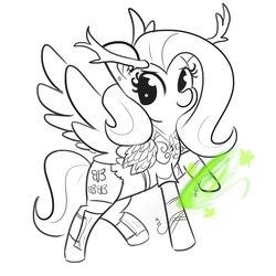 Size: 3000x3000 | Tagged: safe, artist:tjpones, fluttershy, pony, g4, antlers, druid, female, fluffy, flutterdruid, high res, mare, monochrome, simple background, sketch, solo, white background