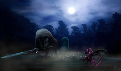 Size: 1700x1000 | Tagged: safe, artist:zetamad, twilight sparkle, pony, wolf, g4, armor, crossover, dark souls, female, full moon, mare, moon, mouth hold, night, scythe, sif, sword, weapon