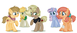 Size: 1024x451 | Tagged: safe, artist:superrosey16, oc, oc only, oc:apple muffin, oc:candy apple, oc:johnny appleseed, oc:party popper, oc:sweet apple, earth pony, pony, unicorn, base used, disguise, disguised changeling, female, male, mare, offspring, parent:applejack, parent:big macintosh, parent:braeburn, parent:caramel, parent:derpy hooves, parent:fluttershy, parent:mean applejack, parent:pinkie pie, parent:pokey pierce, parent:queen chrysalis, parents:carajack, parents:chrysajack, parents:derpyburn, parents:fluttermac, parents:pokeypie, simple background, stallion, transparent background