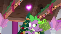 Size: 1920x1080 | Tagged: safe, screencap, spike, dragon, g4, the hearth's warming club, cloak, clothes, discovery family, discovery family logo, fire of friendship, hearth's warming tree, logo, present, winged spike, wings