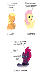 Size: 780x1406 | Tagged: safe, artist:hakar-kerarmor, applejack, fluttershy, tempest shadow, earth pony, pegasus, pony, unicorn, g4, dialogue, female, mare