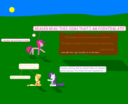 Size: 917x748 | Tagged: safe, artist:dziadek1990, derpibooru exclusive, applejack, pinkie pie, rarity, g4, comic, computer, conversation, description is relevant, dialogue, fourth wall, invisible, linux, meadow, minimalist, ms paint, pinkie being pinkie, programming, shadow, sky, sun, talking to viewer, text