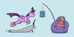 Size: 3600x1800 | Tagged: safe, artist:soulfulmirror, spike, twilight sparkle, alicorn, dragon, pony, g4, blue background, book, carrot on a stick, couch, duo, female, headband, leg warmers, male, mare, simple background, sweat, sweatband, that pony sure does love books, treadmill, twilight sparkle (alicorn), workout