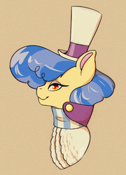 Size: 1024x1419 | Tagged: safe, artist:mapleiciousmlp, sapphire shores, earth pony, pony, g4, brown background, bust, clothes, eyeshadow, female, hat, lidded eyes, looking at you, makeup, mare, simple background, smiling, solo, top hat