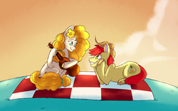 Size: 1024x637 | Tagged: safe, artist:mapleicious, artist:mapleiciousmlp, bright mac, pear butter, earth pony, pony, g4, the perfect pear, brightabetes, cute, duo, female, guitar, hooves on face, looking at each other, male, mare, pearabetes, picnic, picnic blanket, prone, scenery, ship:brightbutter, shipping, stallion, straight, unshorn fetlocks, you're in my head like a catchy song