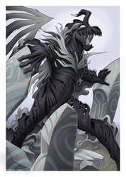 Size: 852x1200 | Tagged: safe, artist:loupgarou, pony of shadows, anthro, unguligrade anthro, g4, crooked horn, fangs, hand, horn, male, ponehenge, solo, strategically covered, wings