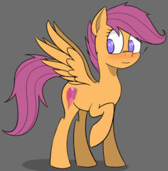 Size: 1381x1404 | Tagged: safe, artist:pinkberry, scootaloo, pegasus, pony, g4, blank flank, blushing, cutie mark, exclamation point, fake cutie mark, female, filly, freckles, gray background, raised hoof, scrunchy face, simple background, smudge, solo, the cmc's cutie marks