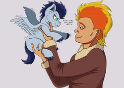 Size: 3507x2480 | Tagged: safe, artist:exelzior, soarin', spitfire, human, pegasus, pony, g4, angry, descriptive noise, foal, high res, holding a pony, horse noises, humanized, size difference, smiling