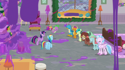 Size: 1280x720 | Tagged: safe, screencap, gallus, ocellus, rainbow dash, sandbar, silverstream, smolder, spike, twilight sparkle, yona, alicorn, changedling, changeling, classical hippogriff, dragon, earth pony, griffon, hippogriff, pony, yak, g4, the hearth's warming club, bow, butt, cloven hooves, dragoness, female, flying, hair bow, jewelry, male, monkey swings, necklace, plot, student six, teenager, twilight sparkle (alicorn), winged spike, wings