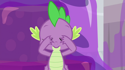 Size: 1280x720 | Tagged: safe, screencap, spike, dragon, g4, the hearth's warming club, eyes closed, male, solo, winged spike, wings
