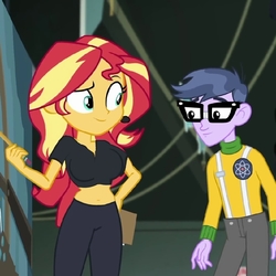Size: 800x800 | Tagged: safe, edit, edited edit, edited screencap, screencap, micro chips, sunset shimmer, all the world's off stage, all the world's off stage: micro chips, equestria girls, g4, my little pony equestria girls: better together, big breasts, breast edit, breasts, busty sunset shimmer, female, male, midriff