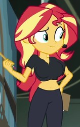 Size: 450x713 | Tagged: safe, edit, edited screencap, screencap, sunset shimmer, all the world's off stage, all the world's off stage: micro chips, equestria girls, g4, my little pony equestria girls: better together, belly button, big breasts, breast edit, breasts, cropped, female, midriff, solo