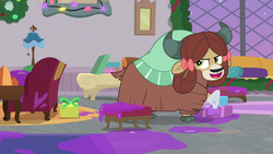Size: 1280x720 | Tagged: safe, screencap, yona, yak, g4, the hearth's warming club, bow, cloven hooves, evil smile, female, hair bow, monkey swings, smiling, smirk, solo