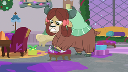 Size: 1280x720 | Tagged: safe, screencap, yona, yak, g4, the hearth's warming club, bow, cloven hooves, female, hair bow, monkey swings, solo