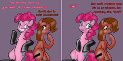 Size: 1504x750 | Tagged: safe, artist:jitterbugjive, pinkie pie, oc, oc:pun, earth pony, pony, ask pun, g4, ask, clothes, female, kinkie pie, latex, latex socks, mare, socks