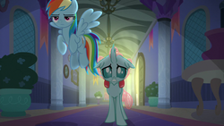Size: 1280x720 | Tagged: safe, screencap, ocellus, rainbow dash, g4, the hearth's warming club, duo, scared