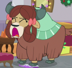Size: 511x483 | Tagged: safe, screencap, yona, yak, g4, the hearth's warming club, bow, cloven hooves, cropped, eyes closed, female, hair bow, monkey swings, solo