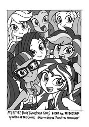 Size: 724x1028 | Tagged: safe, artist:shinda mane, artist:union of the snake, artist:uotsda, applejack, fluttershy, pinkie pie, rainbow dash, rarity, sci-twi, sunset shimmer, twilight sparkle, equestria girls, equestria girls series, forgotten friendship, g4, clothes, geode of empathy, geode of sugar bombs, geode of telekinesis, glasses, grayscale, humane five, humane seven, humane six, looking at you, monochrome, ponytail, smiling, swimsuit